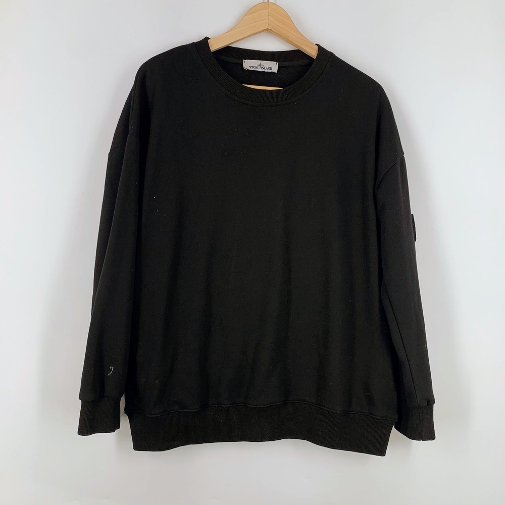 Stone Island Mens Black Crewneck Sweatshirt Compass Patch Logo Cotton Pullover